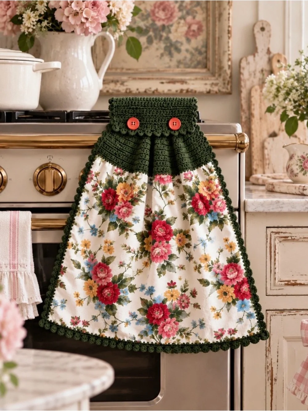 Pioneer Woman Floral Crochet Hanging Kitchen Towel Moss Green Handmade